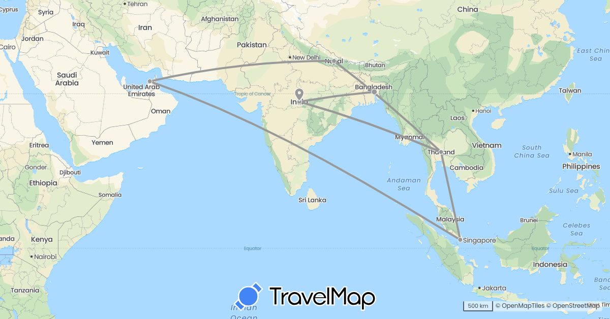 TravelMap itinerary: driving, plane in United Arab Emirates, Bangladesh, India, Nepal, Singapore, Thailand (Asia)